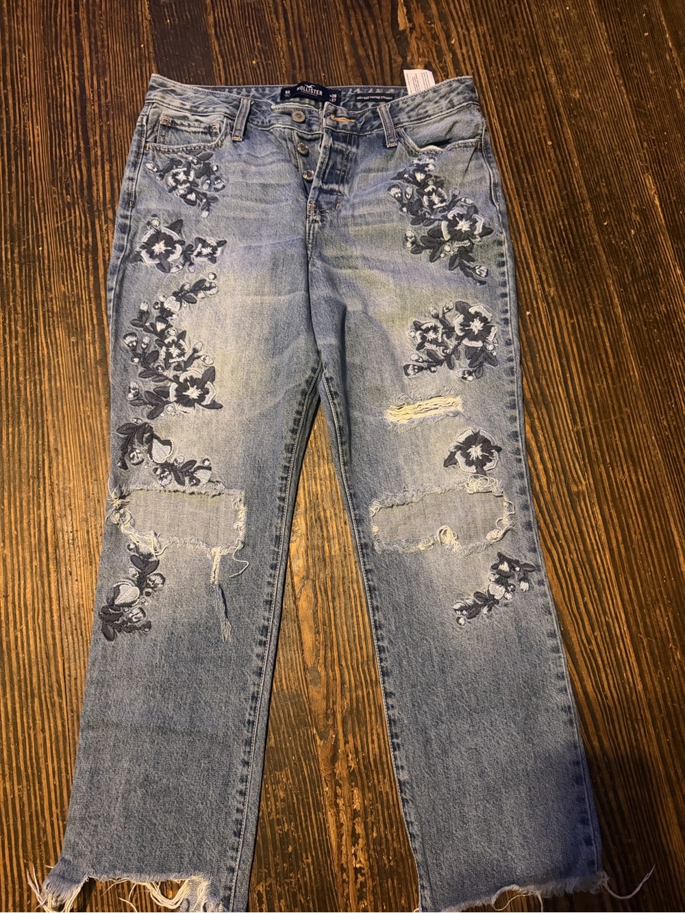 Hollister Light Blue Straight-Leg Jeans with Floral Embroidery